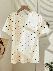 Resyla 甜美可爱的黑色杏色波点印花女式修身T恤，适合夏季穿着，时尚T恤，漂亮T恤，送给兄弟姐妹的礼物，送给姐妹的礼物，送给妈妈的礼物，母亲节礼物，休闲时尚上衣。 - 杏色 - 查看 3