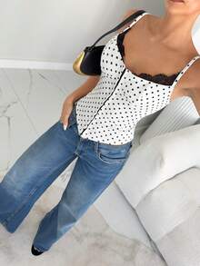 Siren Gaze Women's Polka Dot & Lace Patchwork Fashion Camisole - Black and White - View 4