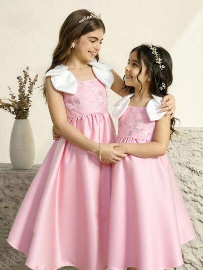 Glamorique Kids Tween Girls Pink Flared A Line Long Dress Sleeveless Style And Zipper For Church Party,Sleeveless With Round Neck And Colorblock Pattern Long Flared Hem For Elegant Look,New Pink Princess Dress For Toddlers. Made Of White Satin Woven Fabric With A Design Bow, Featuring Pink 3D Floral Mesh Trim And A Pink Hem. Sleeveless, Round Neck, Fitted Waist. Suitable For Spring And Summer. Cute, Ladylike, Elegant, Sophisticated, And High-Class. Perfect For Everyday Wear, School Outings, Vacations.