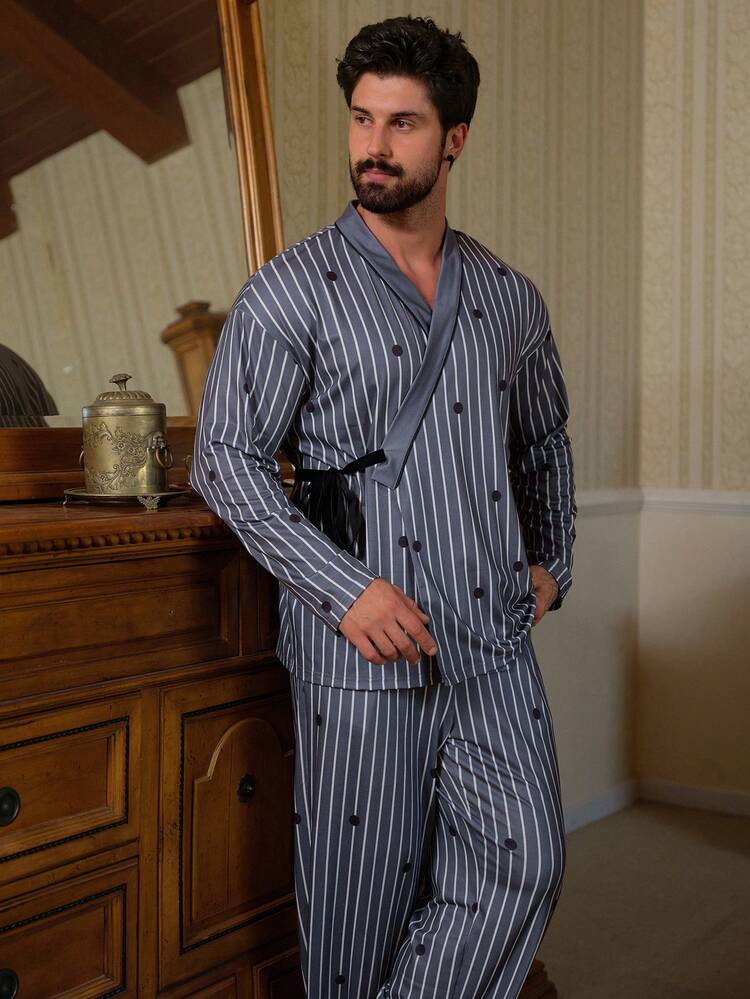 Men's Multi-Color Striped & Polka Dot Long Sleeve Pajama Set, Spring