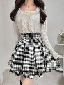 FRIFUL Women's Black Solid High Waist Pleated Short Casual Versatile Slim Fit Mini Skirt, Autumn/Winter - Black and White - View 6