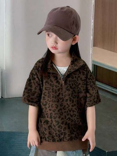 Dazy Kids Leopard Print Zip-Up Casual Short Sleeve Sweatshirt For Young Girls