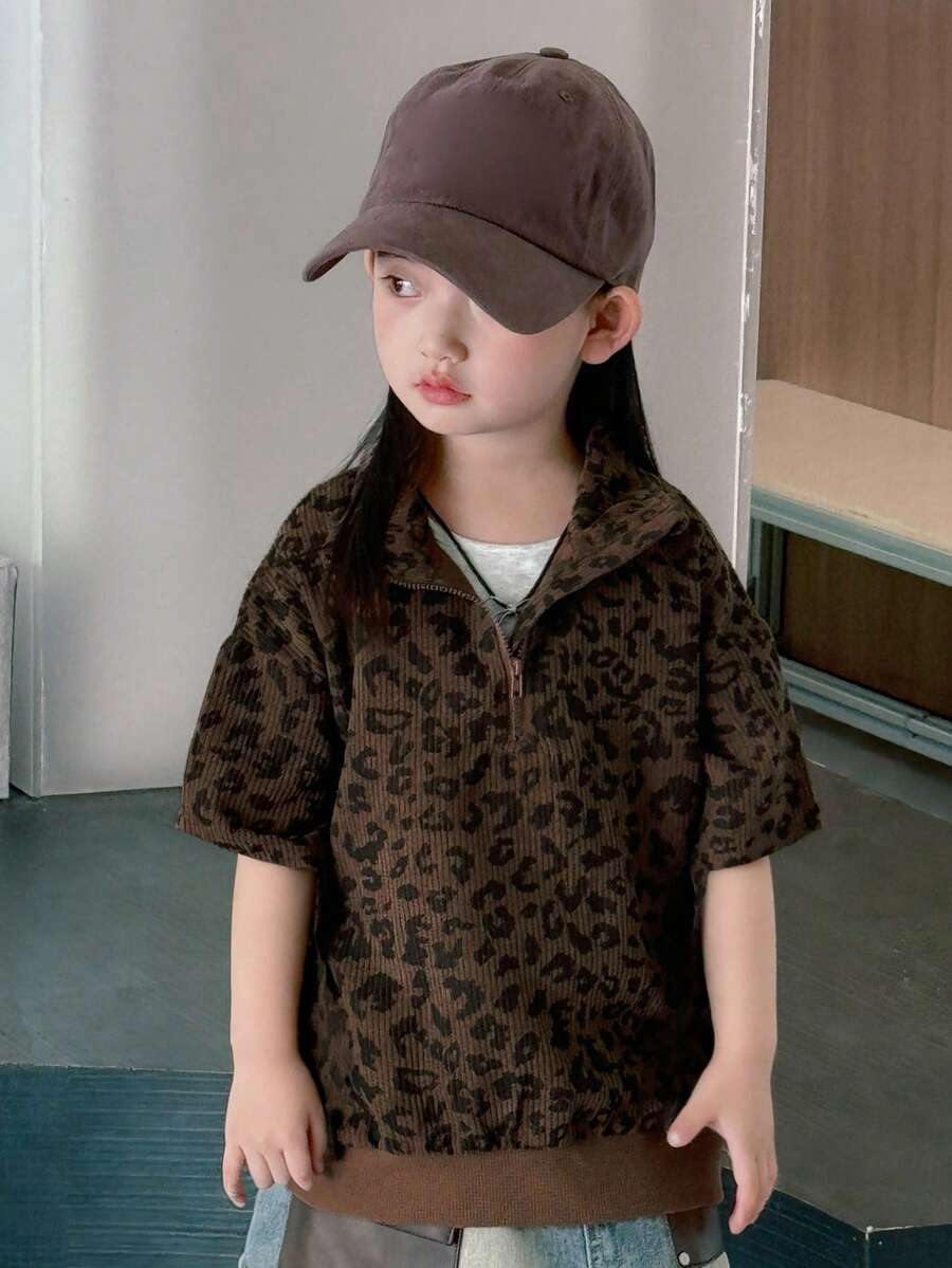 Dazy Kids Leopard Print Zip-Up Casual Short Sleeve Sweatshirt For Young Girls - Brown - View 1