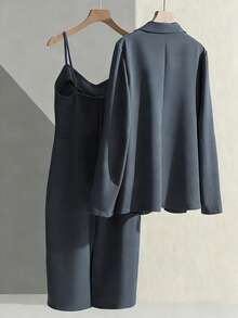 Franclia 休闲卡其色西装外套搭配吊带收腰直筒连衣裙，女士两件套套装，适合春秋季节，商务/休闲场合均可穿着。 - 灰色 - 查看 2