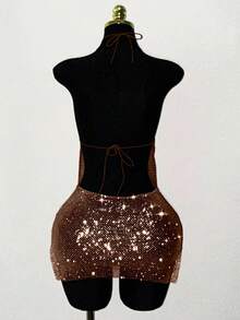 Flirla Women's Rhinestone Halter Super Short Dress,Brown,Summer,70s Retro,Club Night,Party,Rave Sparkle Glitter Bling Glitz And Glam Dress Holiday Gatherings - Chocolate Brown - View 2