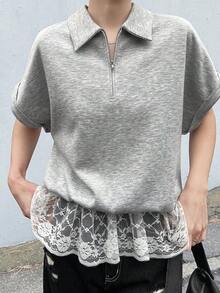 FRIFUL 女士 Polo 领半拉链蕾丝拼接宽松撞色 T 恤 - 淺灰色 - 查看 8