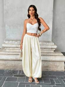 SHEIN Tall 2025 女士休闲杏色缎面亮面抽绳腰宽松长裤，适合通勤、聚会、外出、商务休闲和日常穿着 - 杏色 - 查看 5