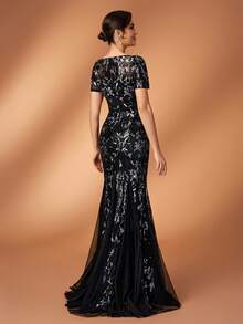 Serin Elegant Luxurious Embroidered Sequin Lace Mesh Sheer Sleeve Fishtail Dress, Suitable For Weddings, Parties, Vacations, Galas, Holidays, Bridal, Mother Of The Bride Evening Gowns - Black - View 4