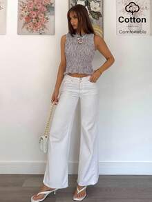 Siren Gaze 女式条纹圆领荷叶边下摆修身背心 - 咖啡棕 - 查看 4