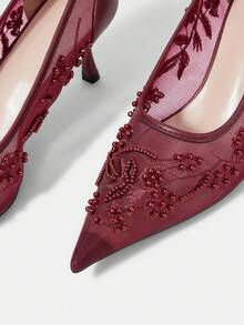 CUCCOO HITCHD Zapatos de tacón medio con punta puntiaguda para mujer, zapatos de fiesta - Carmesí - Ver 5