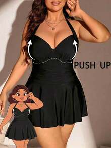 Swim Lushoire Plus Size Women's Solid Color Simple Daily Halter Neck Swimsuit Dress Summer - Black - View 1