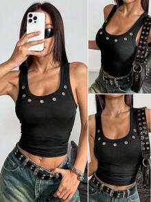 Almamuse Cool Girl Black Round Neck Tight-Fitting Y2K Vest With Eyelets, Summer Vacation Outfit, Sleeveless Top, Women's Casual Top, Black Top, Women's Carnival Costume.Graduation Season Attire, Fashionable Casual Commuter Wear, Business Office Wear, Versatile And Stylish Everyday Casual Wear, Urban Teacher's Professional Attire - Black - View 6