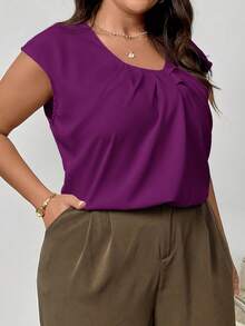 Firerie 大码女式优雅纯色短袖褶皱圆领修身短袖衬衫 - 紫色 - 查看 7