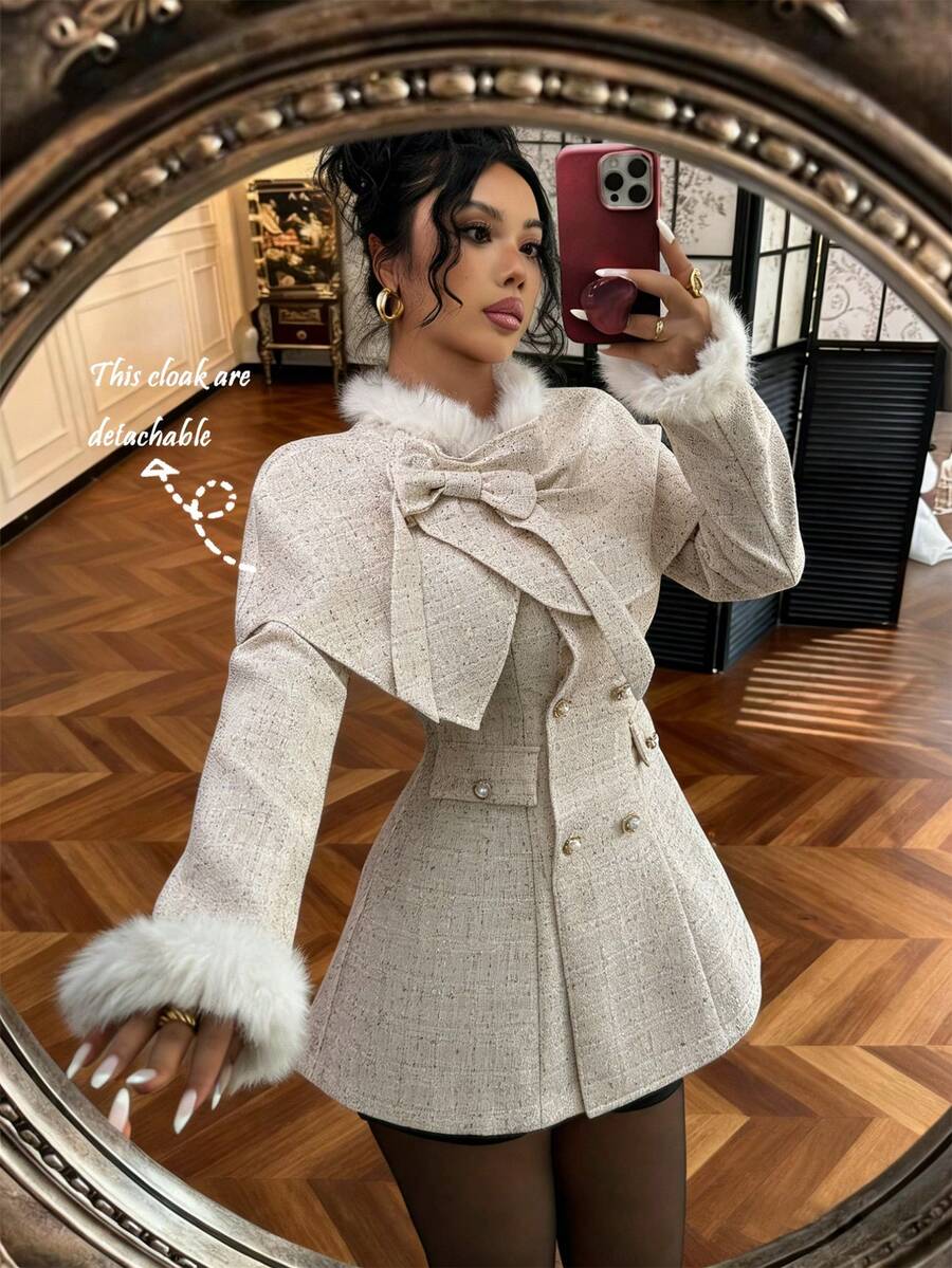 SHEIN Elenzya 优雅杏色仿毛领A字长袖双排扣蝴蝶结口袋设计外套，适合商务会议、婚礼、晚宴、通勤、毕业派对、假期、约会和聚会等场合。 - 杏色 - 查看 1