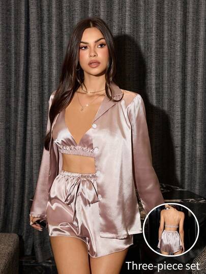 SHEIN 3-delat elegant enfärgat pyjamasset för kvinnor, inklusive sexigt linne, shorts och skjorta i champagnefärg