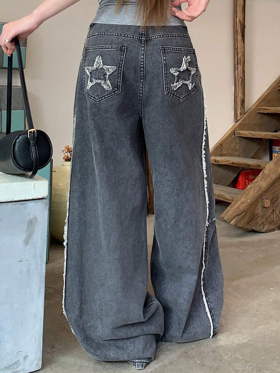 FRIFUL 女士宽松破洞阔腿牛仔裤，带星星贴片 - 灰色 - 查看 1