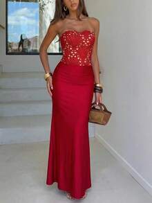 Firerie Đầm dạ hội dáng ôm màu đỏ tía, không dây vai, đuôi cá, thanh lịch, tinh tế, lãng mạn, sang trọng dành cho nữ, chất liệu ren khoét rỗng, satin phối nhiều mảnh, thích hợp cho ngày Valentine, hẹn hò, tiệc tùng, đám cưới, dự tiệc, kỳ nghỉ. - Màu Đỏ Sâu - Xem 8