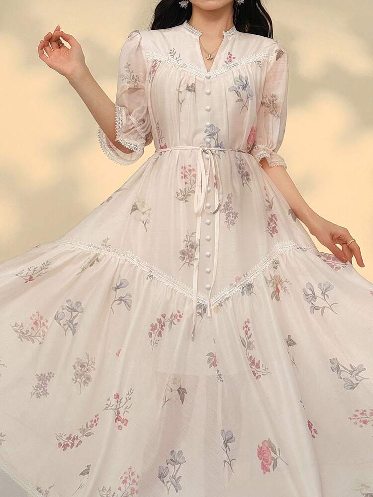 Women's Elegant Floral Lace Patchwork Belted Mid-Length Dress Wedding Guest Dress Summer Sundress