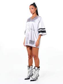 BABYPHAT Women Oversized V Neck Jersey Top With Rhinestone Graphic And Sports Number - White - View 5