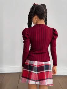 SHEIN Conjunto informal y festivo para niña preadolescente con blusa de punto de manga abullonada + falda plisada de cuadros con lazo - Rojo - Ver 2