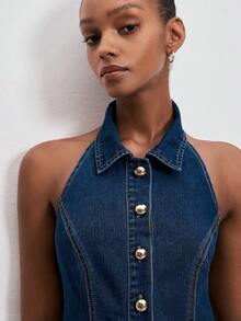 ATUI Studio Women's Single-Breasted Ruffle Hem Halter Neck Denim Dress - Blue - View 2