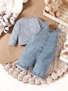 SHEIN Playful Pals 新生兒條紋長袖上衣與熊圖案牛仔連身褲套裝 秋季 - 彩色 - 查看 3