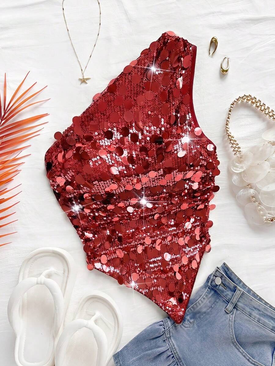 Soleia 女士不对称下摆不对称肩部上衣，休闲百搭，适合度假、海滩、婚礼宾客、毕业早午餐、圣帕特里克节、春假、复活节、音乐节、优雅波西米亚热带派对等场合，亮片装饰，棕色，情人节。 - 紅色 - 查看 1