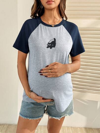 SHEIN Maternity Letter & Cartoon Cat Print Contrast Color Raglan Short Sleeve Casual T-Shirt
