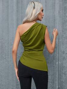 Aveloria Modichic Women's Casual Commuting Minimalist Solid Color Pleated Fitted Shoulder Top, Summer - Olive Green - View 8