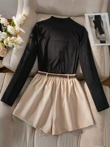 Franclia 两件套加大码女式针织长袖上衣和短裤/裙子套装，休闲简约黑色上衣配腰带，面料舒适，适合日常穿着。女士休闲套装，两件套短裤套装，咖啡棕色上衣，棕色长袖上衣，棕色套装，女士棕色上衣两件套短裤套装。 - 彩色 - 查看 2