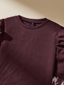 SHEIN 少女泡泡袖上衣和印花阔腿裤两件套，适合日常外出和度假穿着 - 彩色 - 查看 11