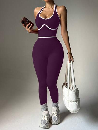 Slayform Mono de verano para mujer con contraste en el borde y vuelo en el cuello halter