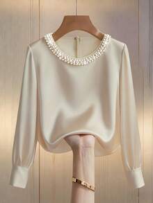 Franclia Elegant Round Neck Pearl Embellished Long Sleeve Loose Satin Blouse For Women Pearl Top Satin Top Elegant Blouses Satin Blouses For Women Elegant Tops - Apricot - View 1