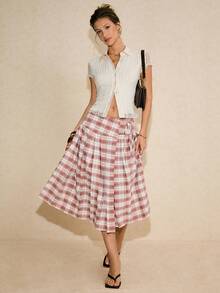 Poéselle 女士格子印花裹身系带休闲百搭迷你裙 - 紅白色 - 查看 2