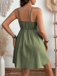 EMERY ROSE Plus Size Casual Daily Summer Pure Cotton Textured Fabric Pocket Waist Midi Strap Dress - Green - View 2