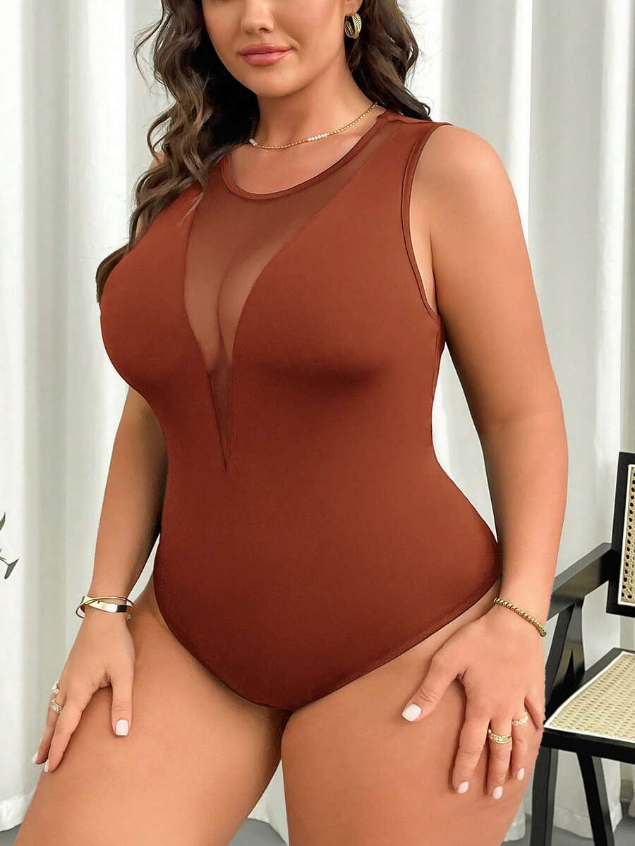 SHEIN Privé Plus Size Women Comfortable Casual Elegant Vacation & Commute Mesh Patchwork Sexy Elastic Sleeveless Bodysuit, Spring/Summer - Brown - View 1