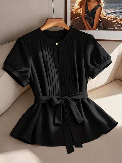 GlowEve CURVE Plus Size Fashionable Casual French Retro Elegant Commuter Round Collar Blouse, Spring/Summer Black Blouses Tops For Women Elegant Cute Black Tops Black Blouse For Women Black Work Top