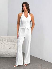 SHEIN Tall 女士无袖背心和阔腿裤两件套，优雅休闲通勤装，春夏款 - 白色 - 查看 4