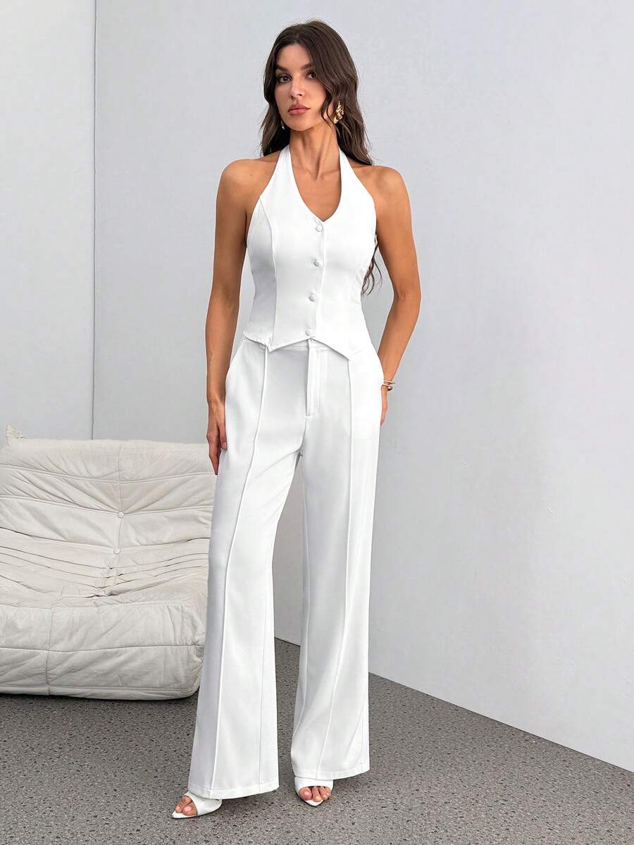 SHEIN Tall 女士无袖背心和阔腿裤两件套，优雅休闲通勤装，春夏款 - 白色 - 查看 1