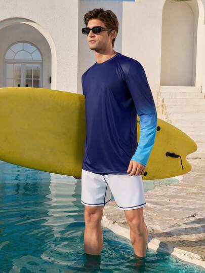 Manfinity KASUA بدلة السباحة بأكمام طويلة ذات تدرج لون للرجال، قميص السباحة للرجال، ملابس حمام للرجال، قميص السباحة للرجال، ملابس شاطئ للرجال