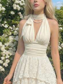 SHEIN MOD Áo tank top không tay tối giản màu trơn dành cho nữ, kiểu thắt nơ, màu kem, thích hợp mặc hàng ngày, đi nghỉ lễ, dã ngoại, hẹn hò, du lịch, sinh nhật, lễ hội, đi biển, ngày Valentine, đi chơi, tiệc trà. - Màu be - Xem 8