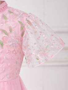 SHEIN 1件少女优雅花卉刺绣网纱A字公主裙，适合派对、姐妹聚会、生日、春夏穿着 - 粉色 - 查看 7