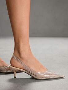 CUCCOO SZL Bailarinas con tira trasera y adorno de strass con tacón de gatito para mujer - Albaricoque - Ver 5