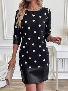 Ellevyn Women's Polka Dot Print Round Neck Fitted Elegant Mini Dress - Black - View 7