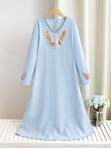 少女休闲亮片蝴蝶刺绣V领长袖连衣裙，秋季款 - 藍色 - 查看 3