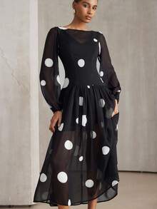Aveloria Modichic 优雅雪纺波点复古轻盈长袖连衣裙 - 黑色 - 查看 5