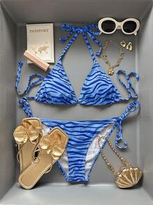 SHEIN 女士全印花系带前开式吊带比基尼套装 - 淺藍色 - 查看 5