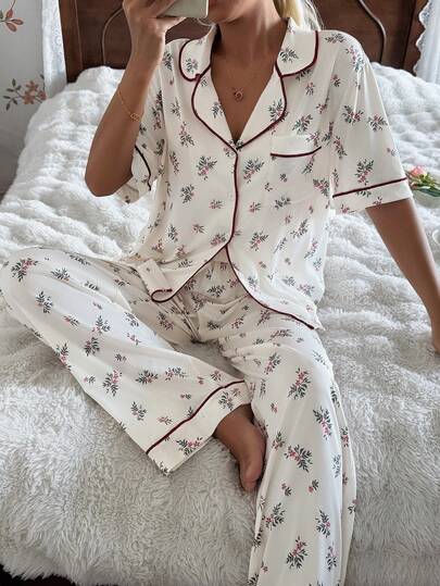 CottageSlumber 两件套女士碎花翻领短袖睡衣套装，春秋季家居服
