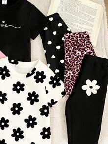 SHEIN 2pcs/Set Baju dan Legging Kasual Chic Motif Leopard dengan Pita untuk Anak Perempuan, Nyaman untuk Dipakai Sehari-hari di Musim Semi, Musim Panas, dan Musim Gugur - MultiWarna - View 4