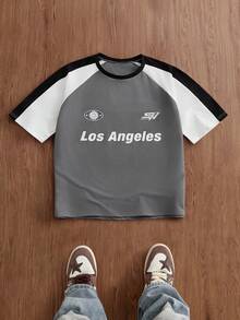 SWAVVY 男士撞色圆领字母印花休闲百搭通勤短袖T恤 - 彩色 - 查看 4